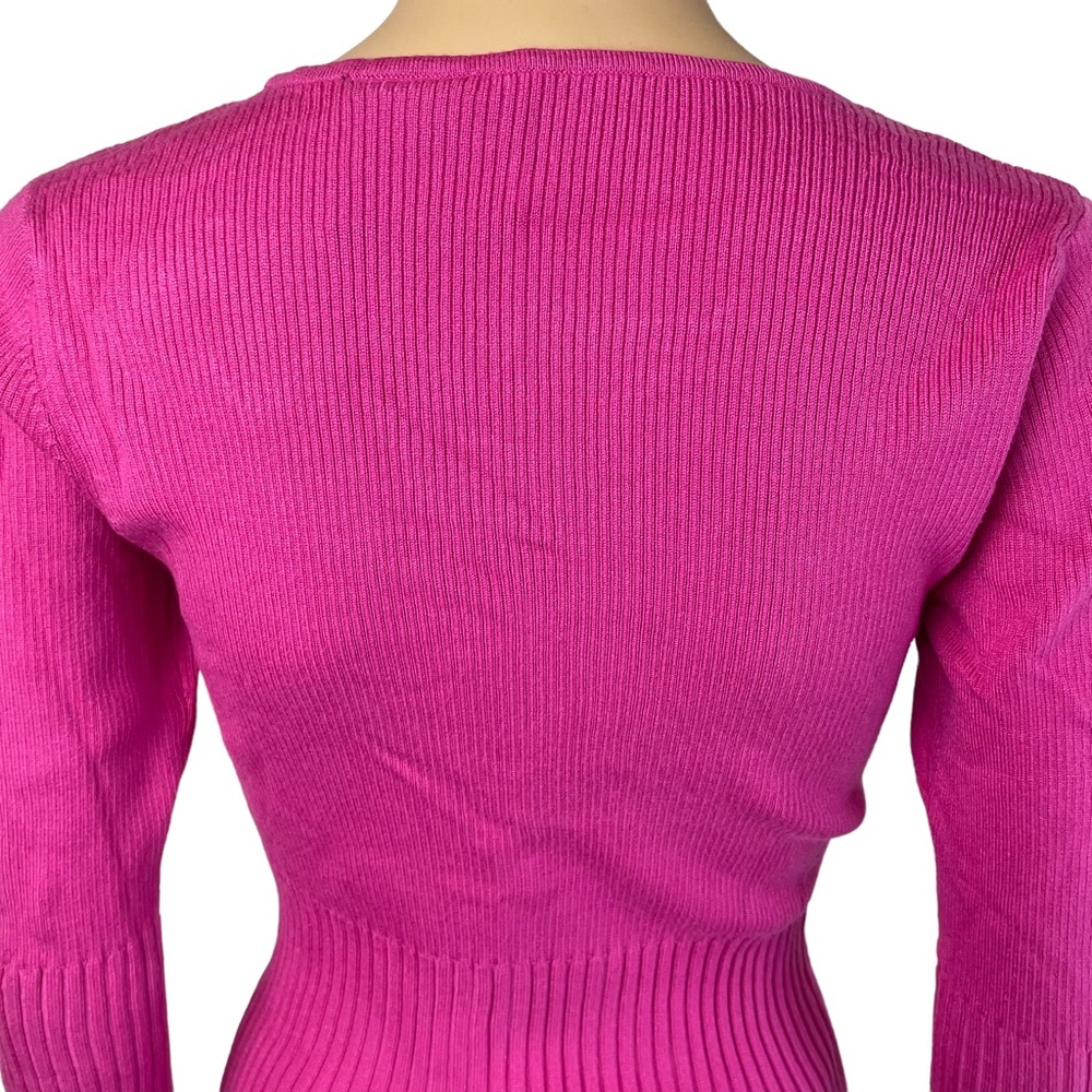 Nicole Miller Womens Ribbed Pullover Sweater Fuschia Pink Ruffled Cuffs. New - Picture 4 of 9